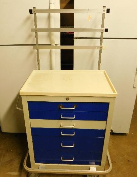 Creme & Royal Blue Metal Six Drawer Cart On Wheels