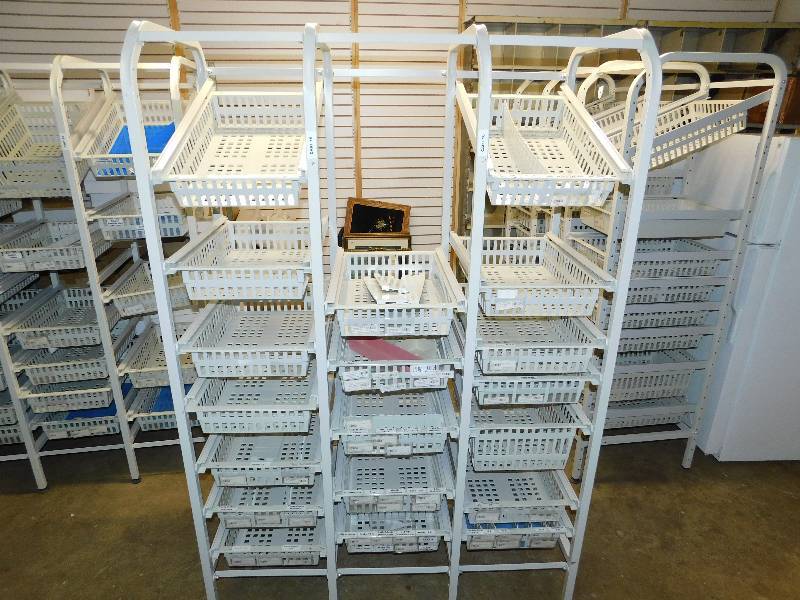 Grey Metal Three Column Stationary Holders For Nineteen Slide Out Trays Or Baskets