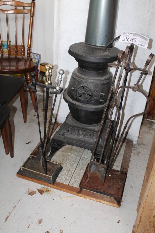 lot 206 image: Lot of (2) Fireplace Tool Sets - (1) is Old Wrought Iron