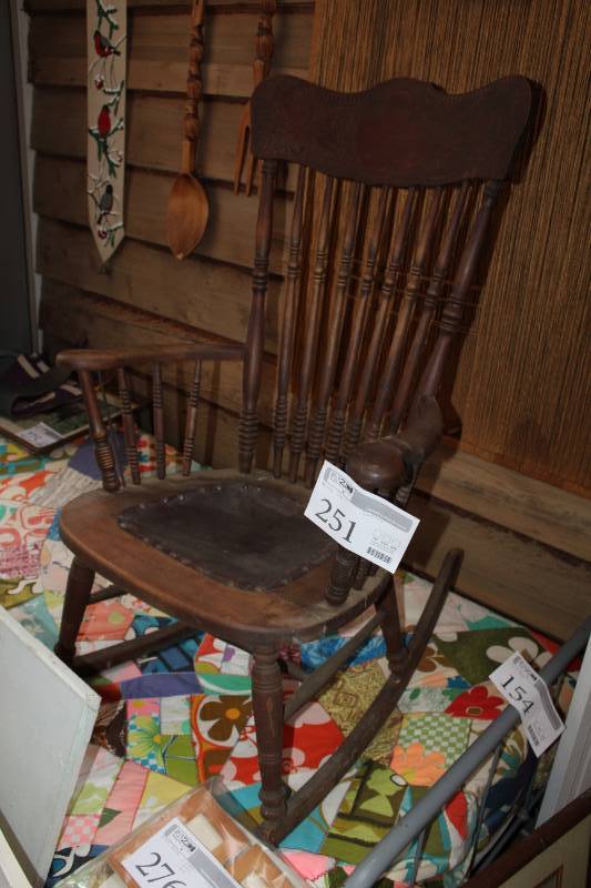 lot 251 image: Wood Rocking Chair with Leather Seat Cover