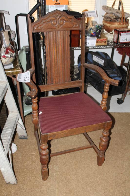 lot 255 image: Decorative Wood Frame Dining Chair with Red Fabric Seat