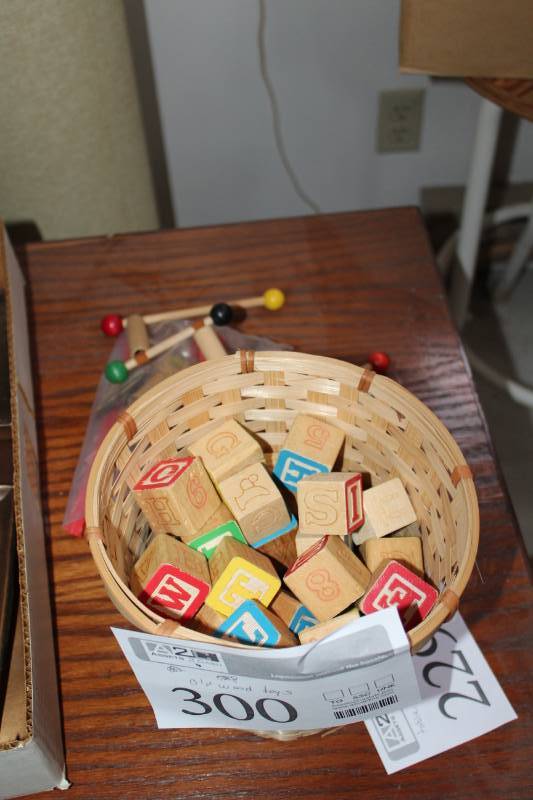 lot 300 image: Vintage Wood Toys - Letter Blocks, Tinker Toys