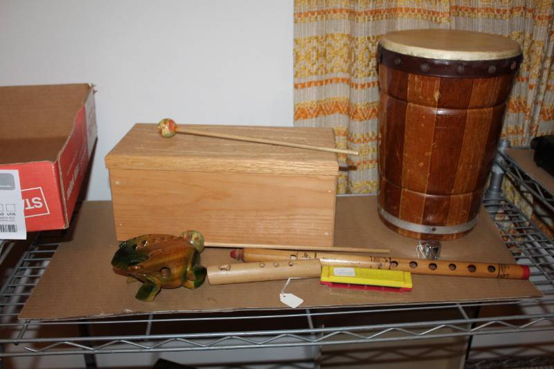 lot 361 image: Musical Instruments - Wood Flutes, Drum, And More