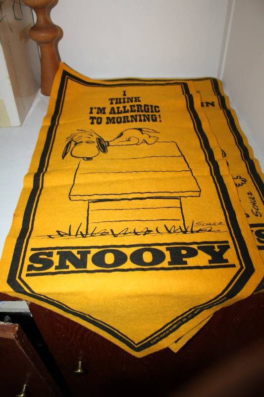lot 363 image: Charlie Brown Banners - Snoopy I Think Im Alergic To Mornings, Lucy & Linus Planting of a Tree
