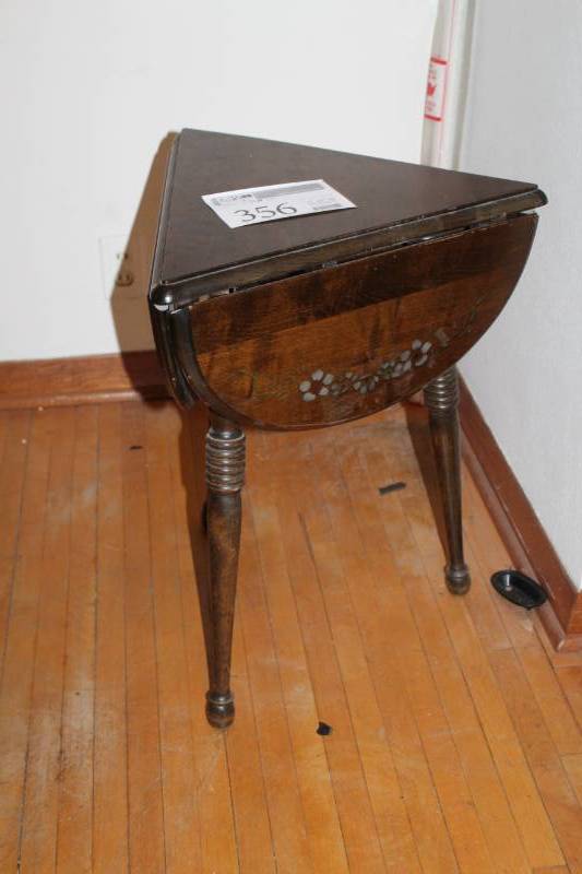 lot 356 image: Wood Folding Triangle Table with 3-Fold Up Leafs