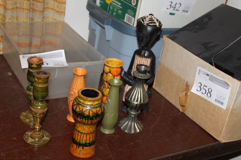 lot 386 image: Vases, Candleholder, Wood Figure