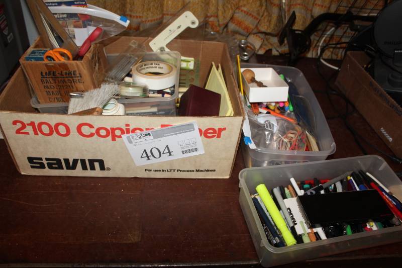 lot 404 image: Office Supplies - Hand Center Punch, Pens, Tape, Rulers, Markers, Scissors, Drafting Rulers and Templates, And More