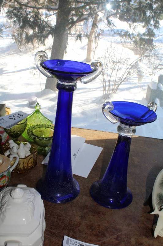 lot 453 image: Blue Art Glass Candleholders
