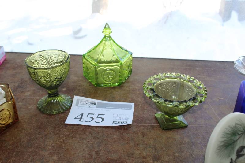 lot 455 image: 3-Piece Green Glass Candy Dishes