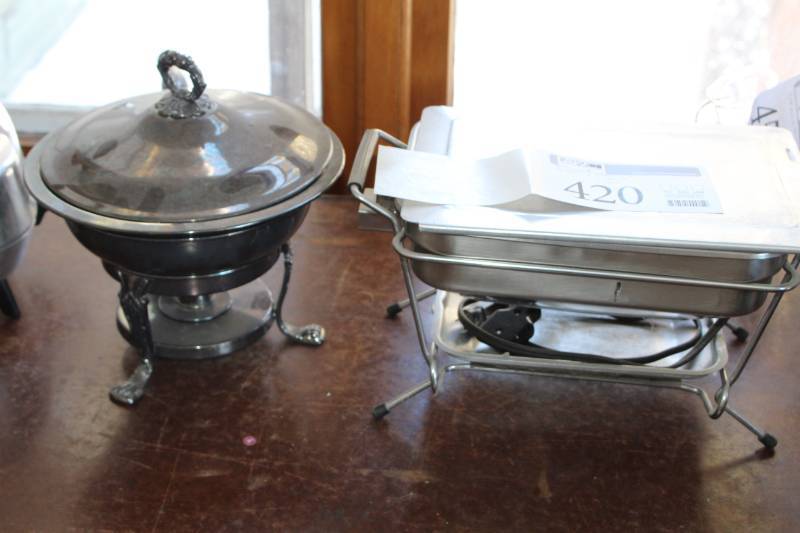 lot 420 image: Sterling Warming Dish with Sterling Lid, Farberware Stainless Steel Open Hearth Electric Broiler with Lid