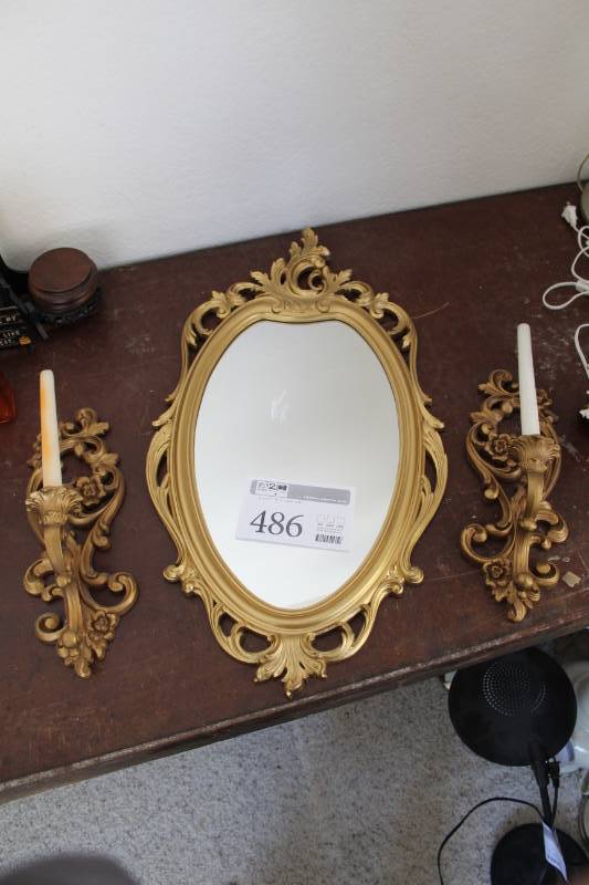 lot 486 image: Wall Mirror with Decorative 2-Candleholder Frame, 2-Long Taper Candles