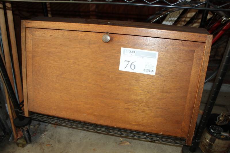 lot 76 image: Wood Drop Lid Cabinet with 7-Slot Organizer Shelf