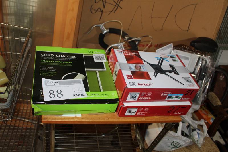 lot 88 image: Barkan 39in. Flat TV Wall Mount, Barkan 65in. FlatCurved TV Wall Mount, UTWire Cord Channel 10ft.