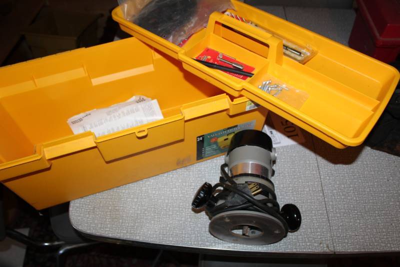 lot 1 image: Porter-Cable Router Base, Router Bits, Accessories, Tool Box with Tool Tray