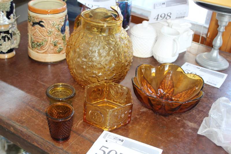 lot 507 image: Brown Glass Pitcher, Serving Bowls, Glasses