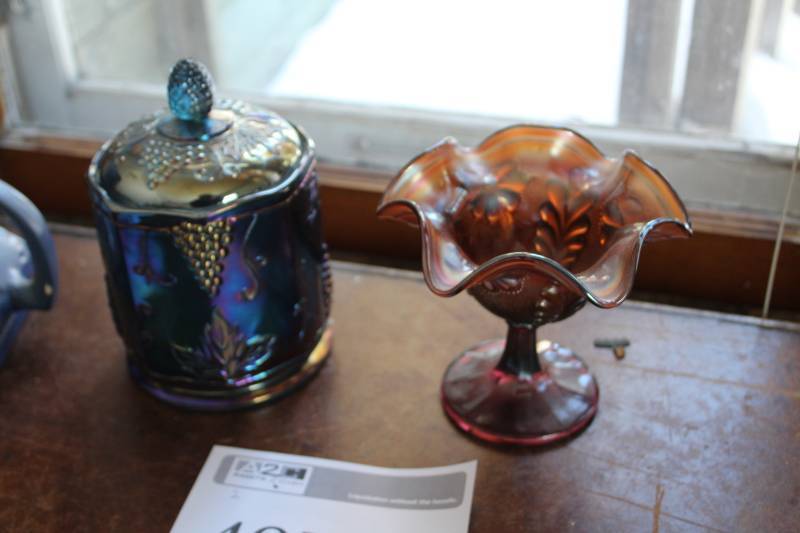 lot 497 image: Brown Glass Table Vase, Blue Glass Cookie Jar with Lid