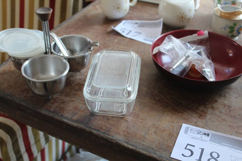 lot 518 image: Glass Butter Dish with Lid, Stainless Steel Serving Bowls with Metal Stand, Nutcrackers
