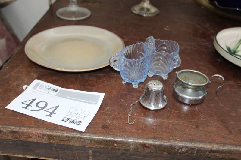 lot 494 image: Decorative Plate, Blue Glass Serving Pitchers, Metal Candleholder with Top