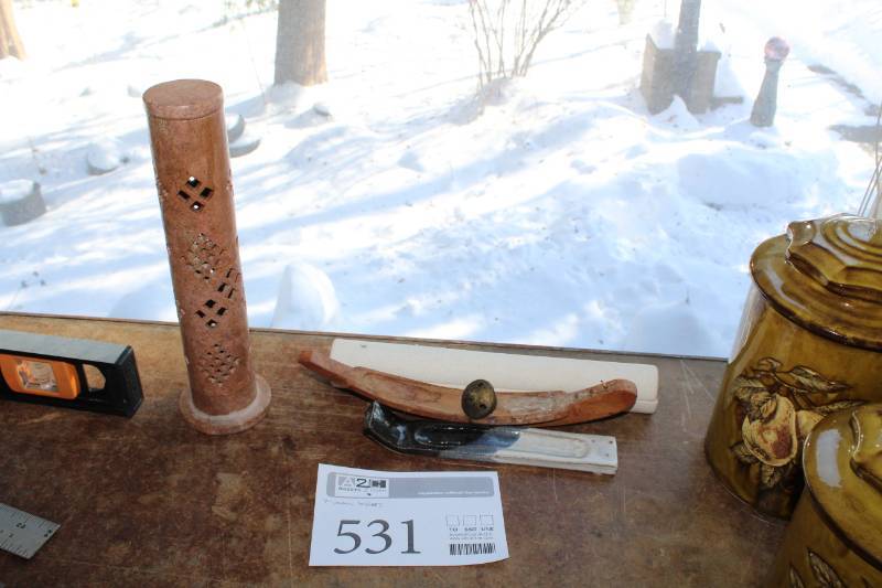 lot 531 image: Wood, Brass, and Ceramic Incense Holders