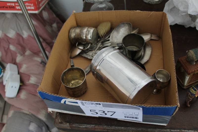 lot 537 image: Mostly Silver Plate Serving Cups, Utensils, Cooking Utensils