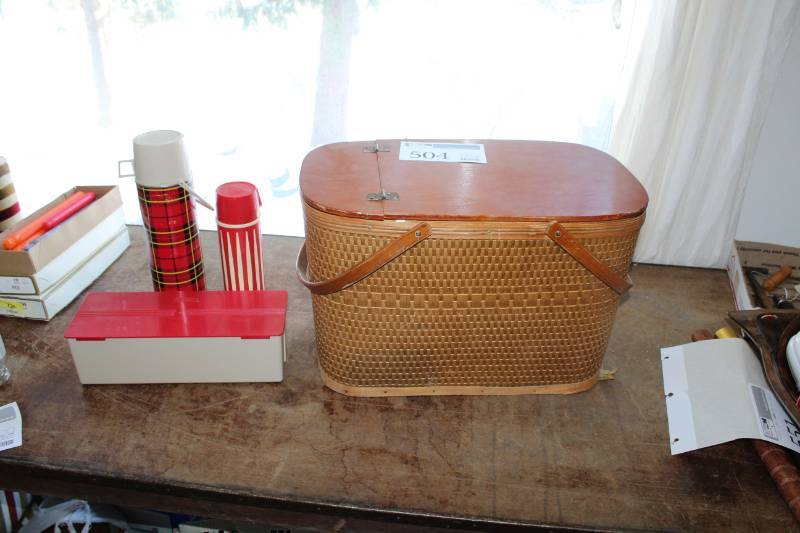 lot 504 image: WickerWood Picnic Basket Set, Thermos, Plates, Cups, Napkins, And More