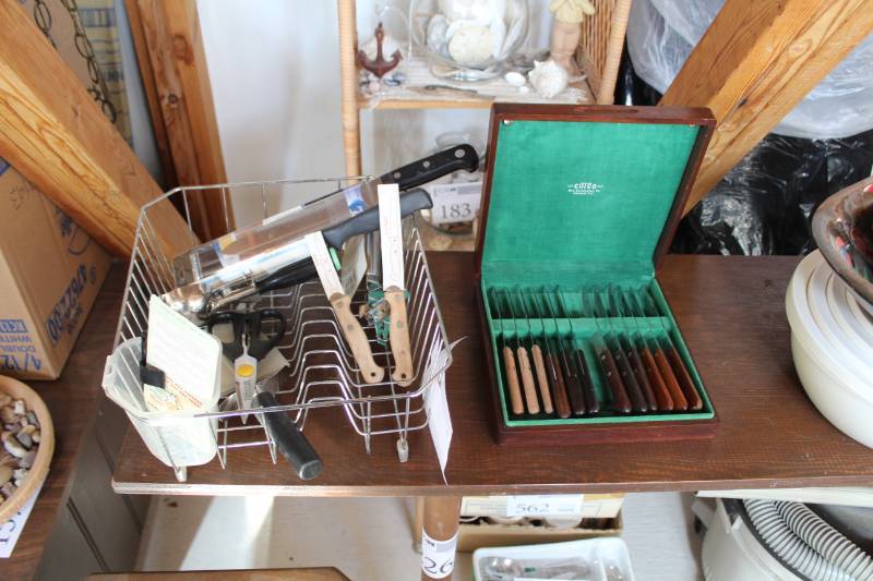 lot 561 image: Kitchen Knives, Steak Knives with Case, Dish Dry Tray, Utensils, Ice Cream Scoop, Pizza Cutter, Scissors, And More