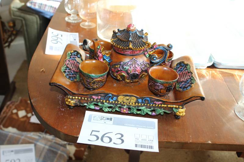 lot 563 image: Asian Temple Theme 4-Serving Set with Serving Tray, Tea Kettle