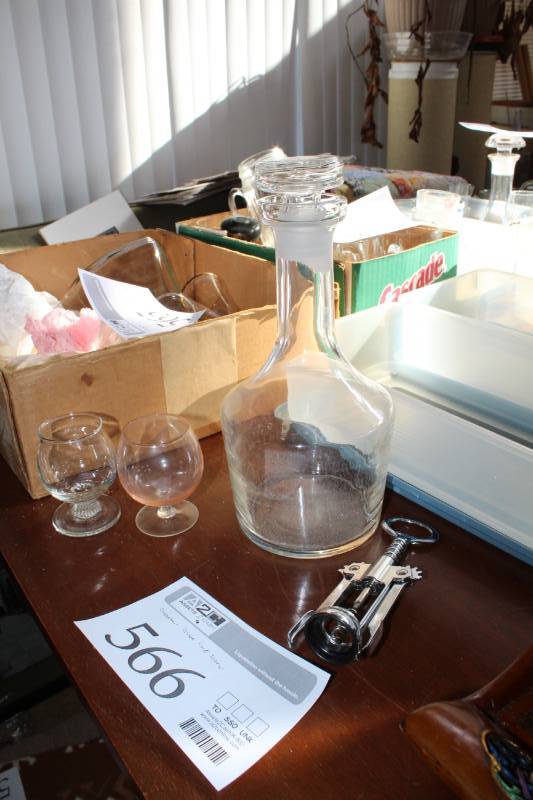 lot 566 image: Glass Wine Decanter, Brandy Glasses, Wine Cork Screw