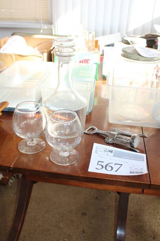 lot 567 image: Glass Wine Decanter, Brandy Glasses, Wine Cork Screw