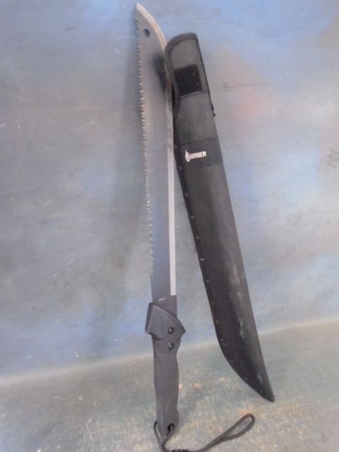 lot 21 image: Gerber Sawback Gator Machete with Sheath