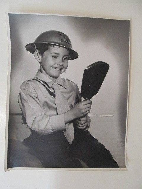 lot 14 image: Large Original Vintage Photo of Boy Wearing Military Helmet