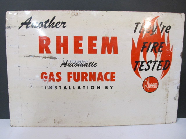lot 39 image: Vintage 1940s RHEEM Gas Furnace Metal Advertising Sign