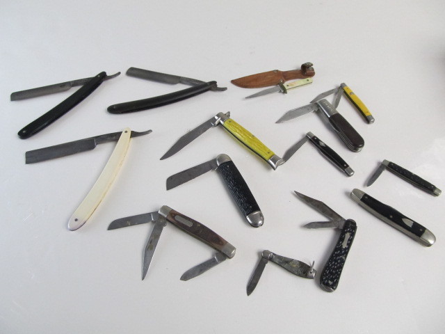 lot 65 image: Nice Group of Vintage Pocket Knives Straight Razors etc