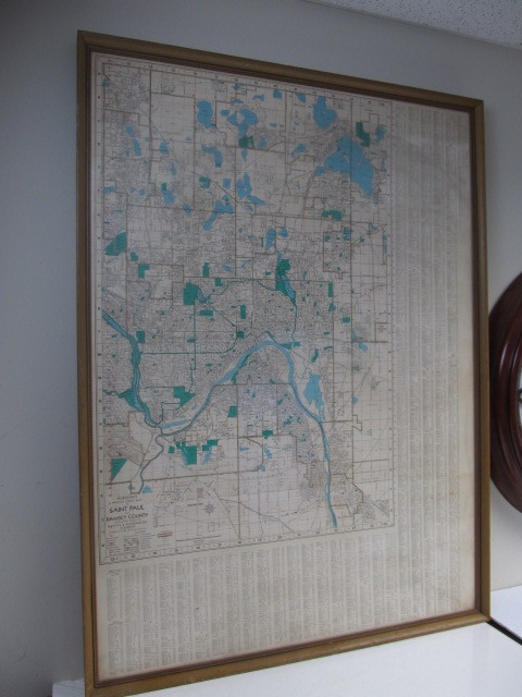 lot 170 image: LARGE Vintage 1950s Framed SAINT PAUL & Ramsey County Map