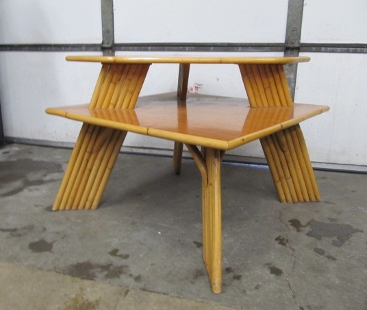 lot 5 image: Mid Century Signed Ritts Company TROPITAN Rattan 2-Tiered Table