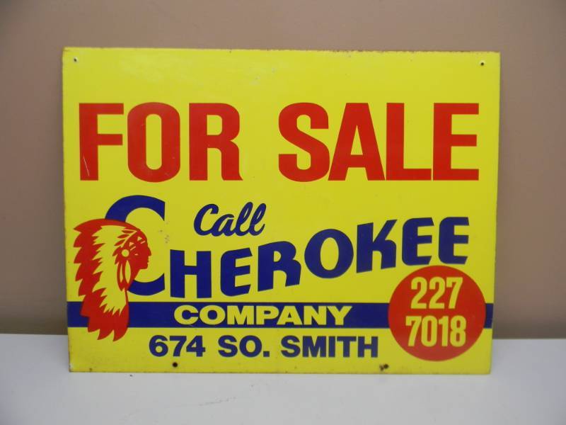 lot 5 image: VINTAGE CHEROKEE DOUBLE SIDED FOR SALE SIGN - GREAT GRAPHICS - RARE - APPROX 24 BY 18 - SEE PICTURES