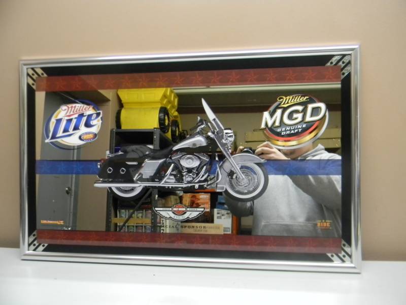 lot 9 image: VINTAGE 2003 MILLER BREWING COMPANY, HARLEY DAVIDSON 100TH ANNIVESARY MIRRORSIGN - AWESOME PIECE - HEAVY CHROME FRAME - APPROX 32 BY 20 - SEE PICTURES