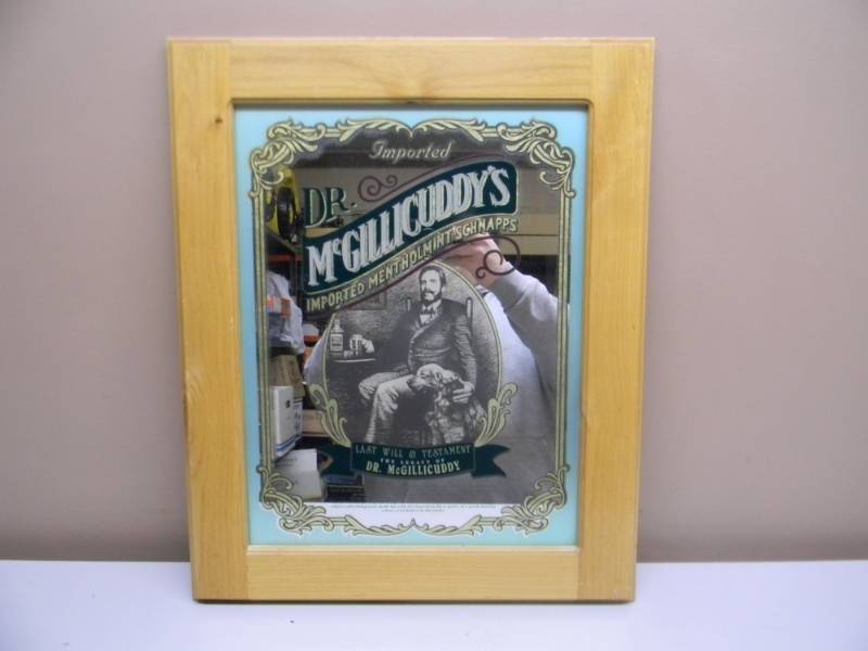 lot 12 image: VINTAGE DR. McGILLICUDDYS BAR SIGN  MIRROR - HEAVY WOOD FRAME - NICE - APPROX 19 BY 23 - SEE PICTURES
