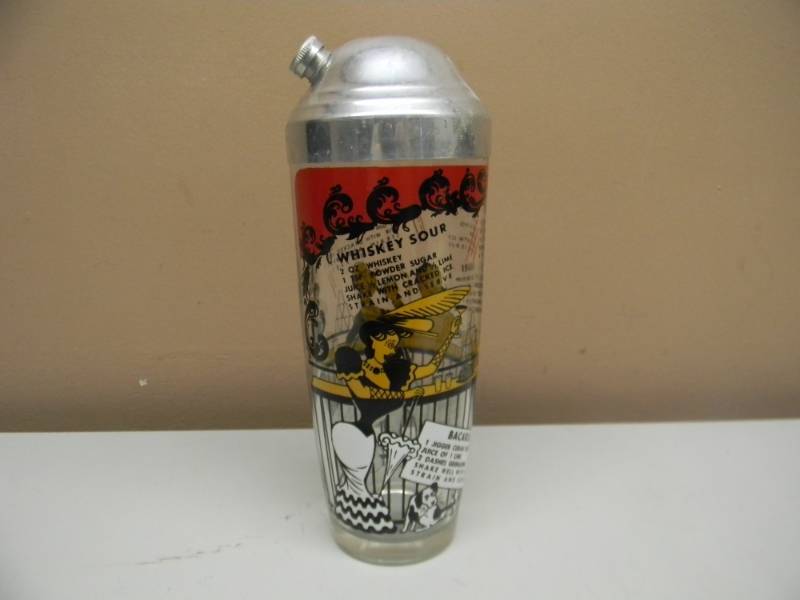 lot 16 image: Vintage Rare - Glass Cocktail Drink Mixer Shaker with Chrome top wcap 7 Printed Recipes & Bar Scene - SELLING FOR OVER $45.00 - SEE PICTURES