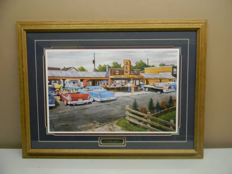 lot 18 image: KEN ZYLLA - Roadside Cuisine - A&W Rootbeer Stand - Art By Ken Zylla Professionally Framed approx 32 x 24 - NICE - SEE PICTURES