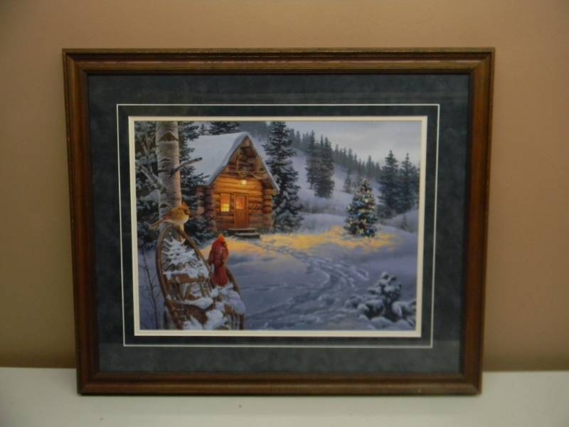 lot 37 image: SIGNED Winter Colors - Cardinal Pair By Darrell Bush - PROFESSIONALLY FRAMED - NICE - APPROX 28 BY 22