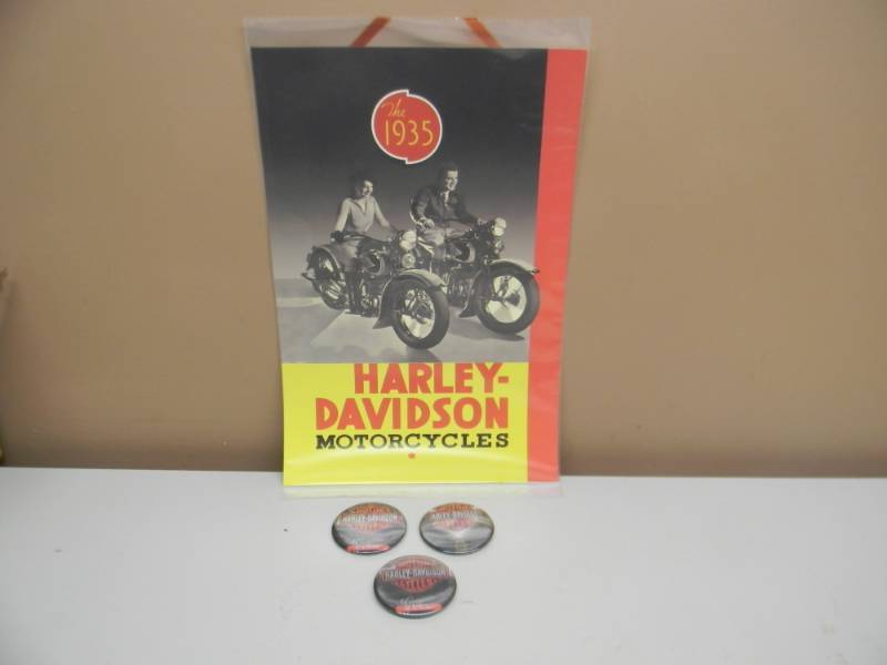 lot 44 image: HARLEY-DAVIDSON 1935 ORIGINAL ADVERTISING SIGN PRINT APPROX 12 BY 18 & VINTAGE ORIGINAL BUTTONS - SEE PICTURES