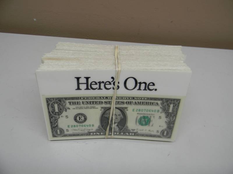 lot 45 image: 77 LAMINATED REAL 1 DOLLAR BILLS - IN HERES ONE LABELED LAMINATED SHEET FOR A GIVEAWAY - SEE PICTURES