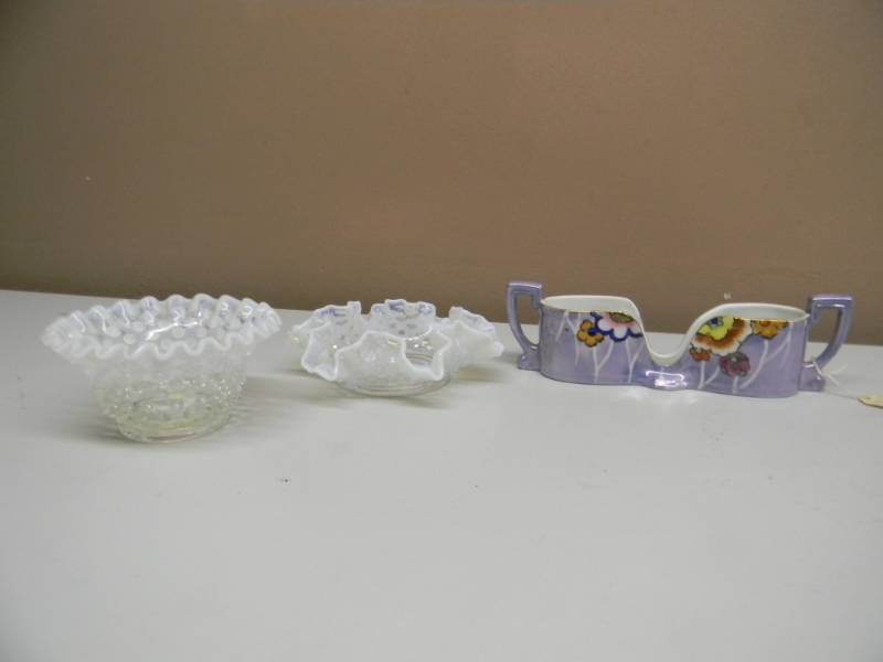 lot 62 image: RARE VINTAGE SPOON HOLDER NORITAKE FLORAL DESIGN HAND PAINTED MADE IN JAPAN - WITH SET OF TWO VINTAGE GLASS HOLDERS - SEE PICTURES