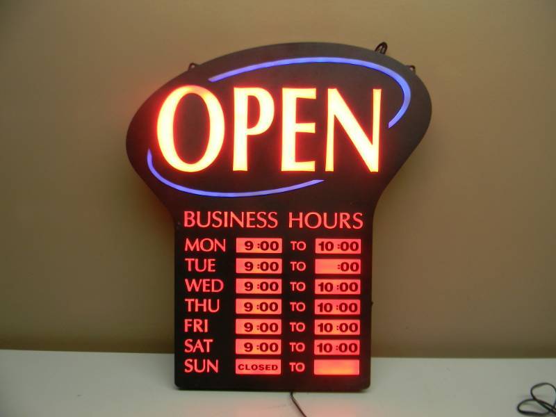 lot 70 image: OPEN SIGN WITH STORE HOURS WORKS GREAT - NICE SIGN - SEE PICTURES