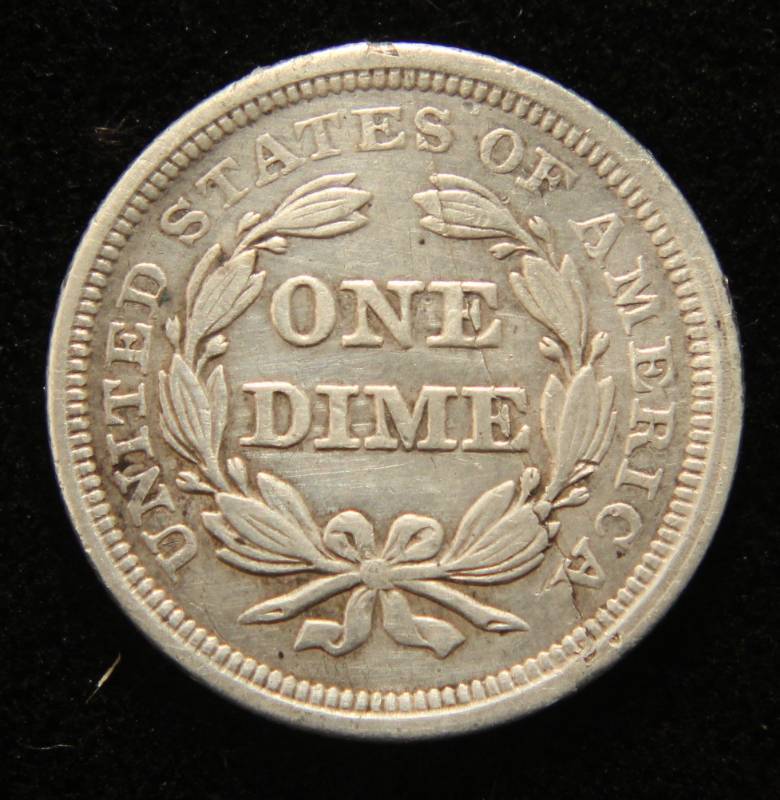 lot 14 image: 1857 SEATED LIBERTY DIME SHARP COIN