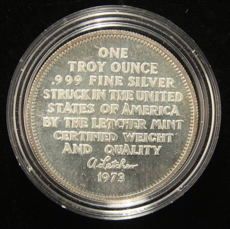 lot 20 image: 1 TROY OZ. .999 FINE SILVER 1973 LETCHER MINT IN AIRTITE