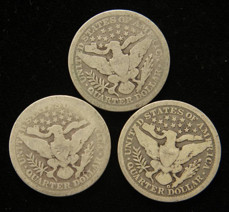 lot 30 image: 3 EARLY DATE BARBER QUARTERS 1892 1894 1894-O