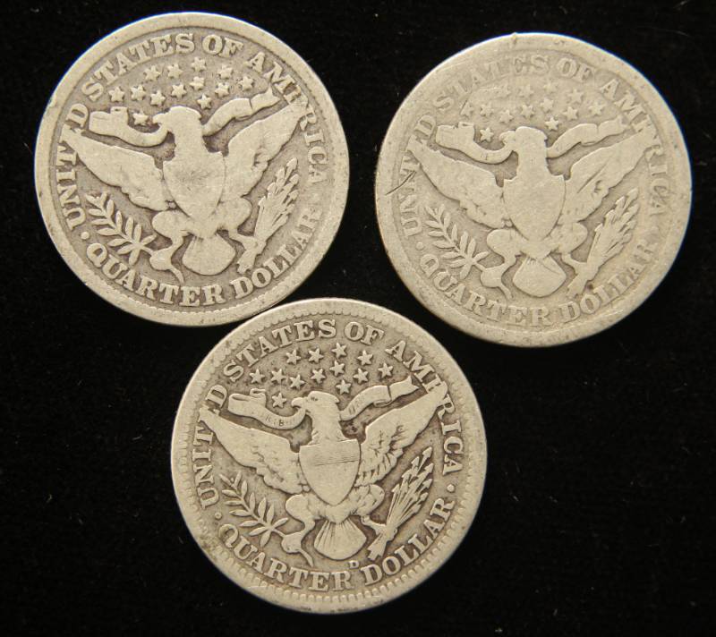 lot 38 image: 3 BARBER QUARTERS 1897 1898 1909-D