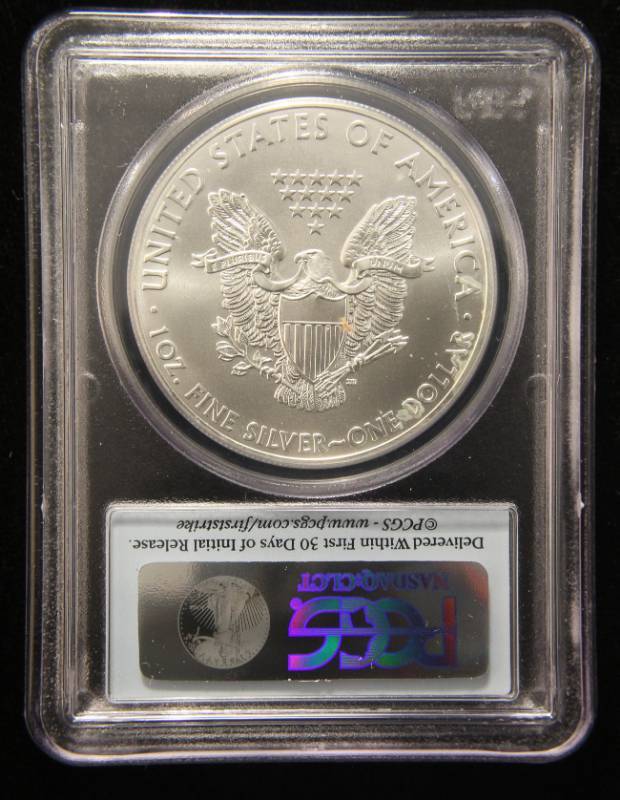 lot 47 image: 2012(W) AMERICAN SILVER EAGLE 1 TROY OZ. .999 FINE SILVER MS70 PCGS FIRSTSTRIKE